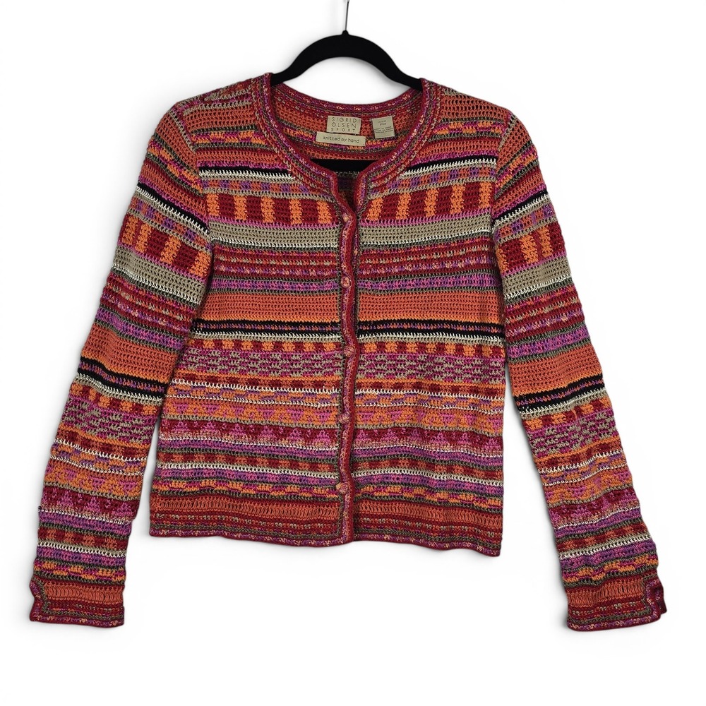 Sigrid Olsen Sport Hand Knitted Cardigan Sweater Petite Medium Boho Striped Ugly